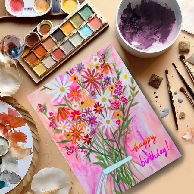 Colourful Daisy Bouquet Happy Birthday Postcard (Beautiful watercolor bouquet birthday card postcard. Customize with your own text)