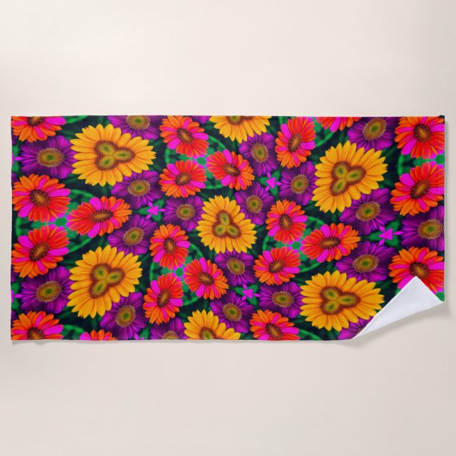 Colourful Daisy Bouquet Pattern Beach Towel (Front)