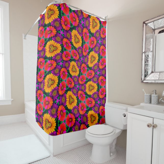 Colourful Daisy Bouquet Pattern Shower Curtain (In Situ)