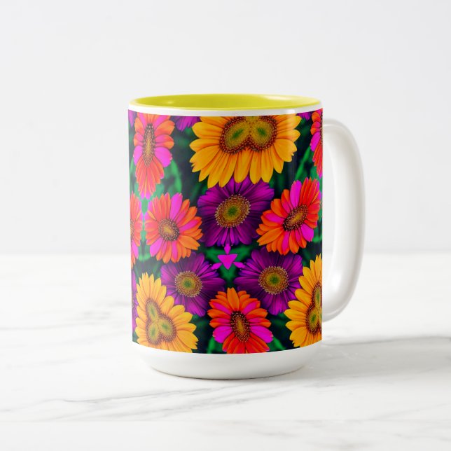 Colourful Daisy Bouquet Pattern Two-Tone Coffee Mug (Front Right)