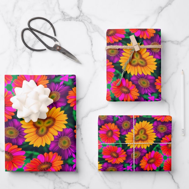 Colourful Daisy Bouquet Pattern Wrapping Paper Sheet (Front)