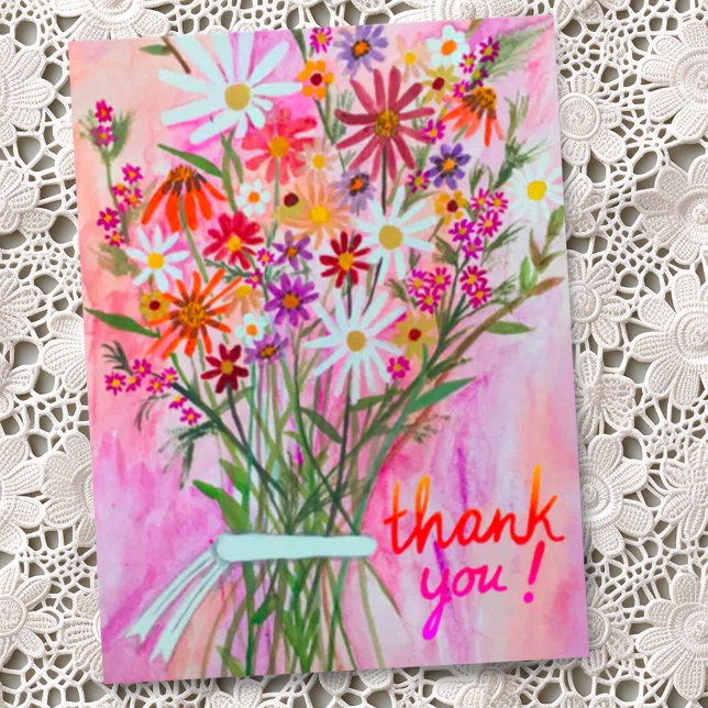 Colourful Daisy Bouquet Thank You Postcard (Pretty watercolor wildflower daisy bouquet custom thank you card)