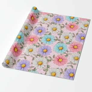 Colourful Daisy Flowers Pink Wrapping Paper