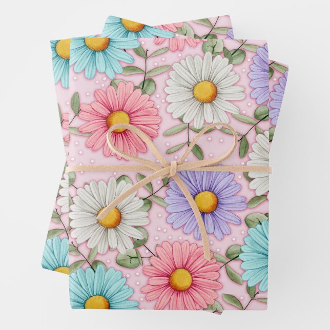 Colourful Daisy Flowers Pink  Wrapping Paper Sheet (In situ)