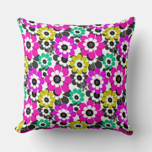 Colourful daisy flowers Pink Yellow Green Retro Cushion