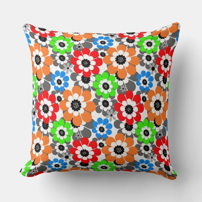 Colourful Daisy flowers Red Blue Green Retro Cushion (Front)