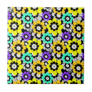 Colourful daisy flowers Yellow Turquoise Purple  Ceramic Tile