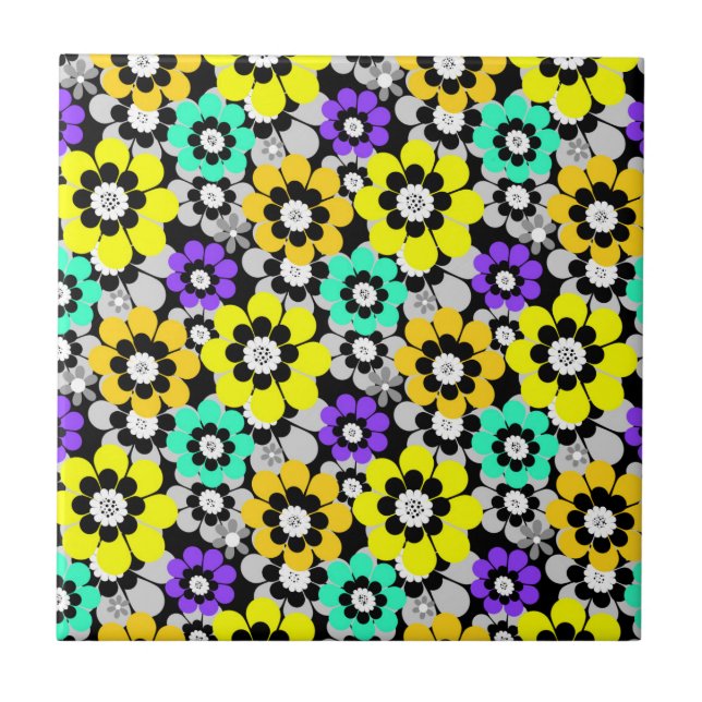 Colourful daisy flowers Yellow Turquoise Purple  Ceramic Tile (Front)