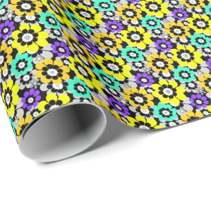 Colourful daisy flowers Yellow Turquoise Purple Wrapping Paper