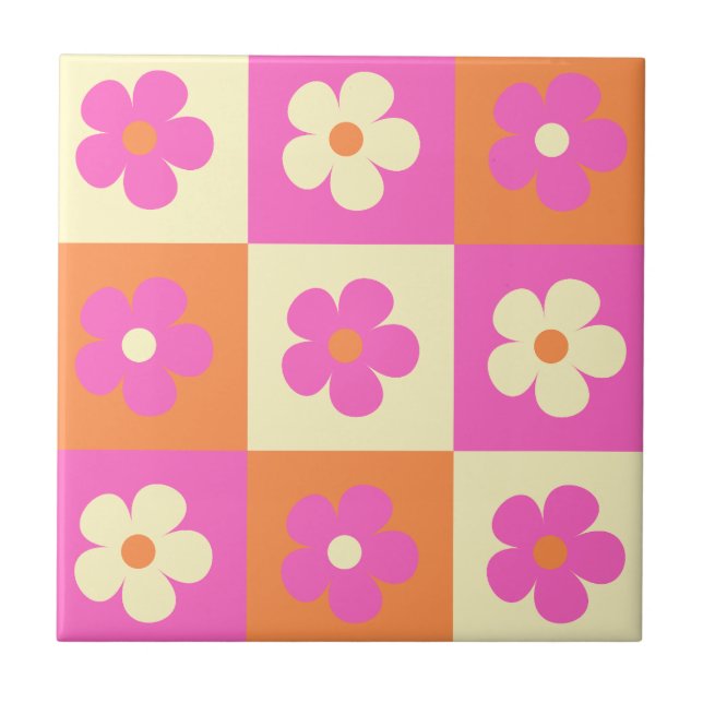 Colourful Daisy Pattern Retro BOHO Chic Floral Ceramic Tile (Front)