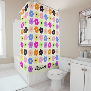 Colourful Daisy Pattern Retro Chic Minimalist Name Shower Curtain
