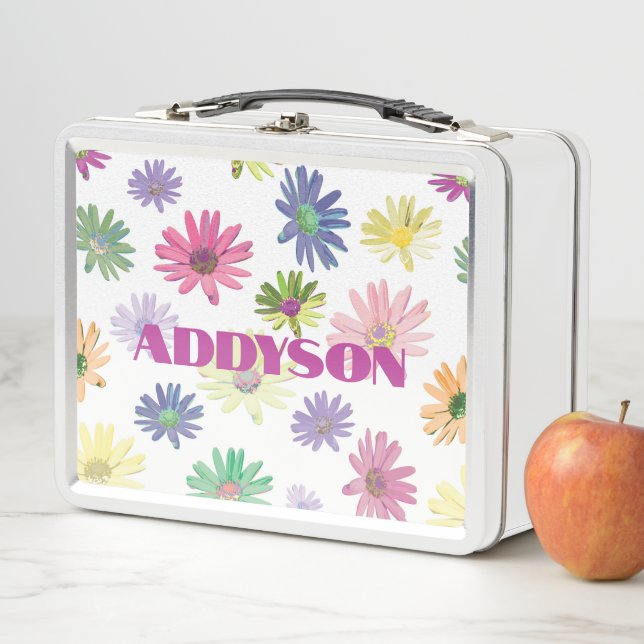 Colourful Daisy with Name Metal Lunch Box (In Situ)