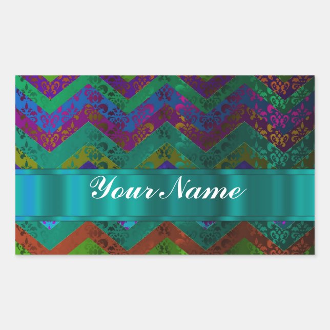 Colourful damask chevron rectangular sticker (Front)