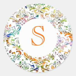 Colourful Damask Customisable Monogram Classic Round Sticker