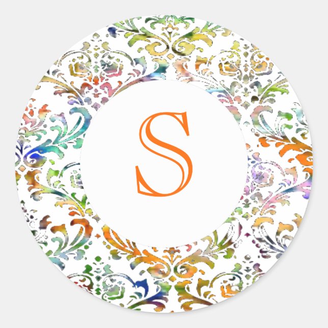 Colourful Damask Customisable Monogram Classic Round Sticker (Front)