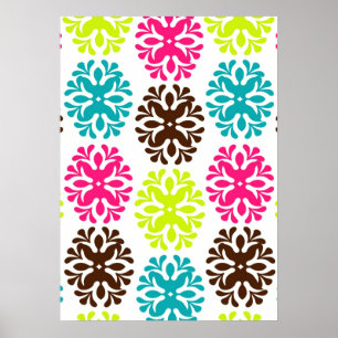 Colourful damask floral cute neon flower pattern poster