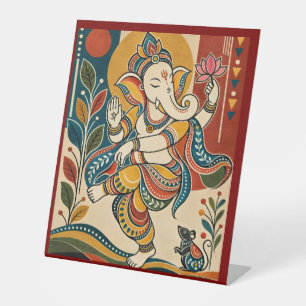 Colourful Dancing Ganesha - Indian Folk Tribal Mad Pedestal Sign