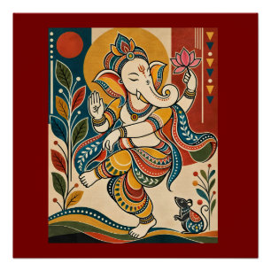 Colourful Dancing Ganesha - Indian Folk Tribal Mad Poster