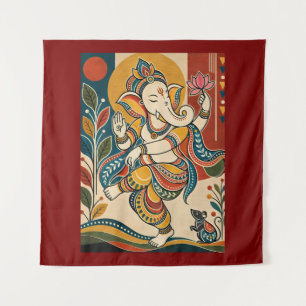 Colourful Dancing Ganesha - Indian Folk Tribal Mad Tapestry