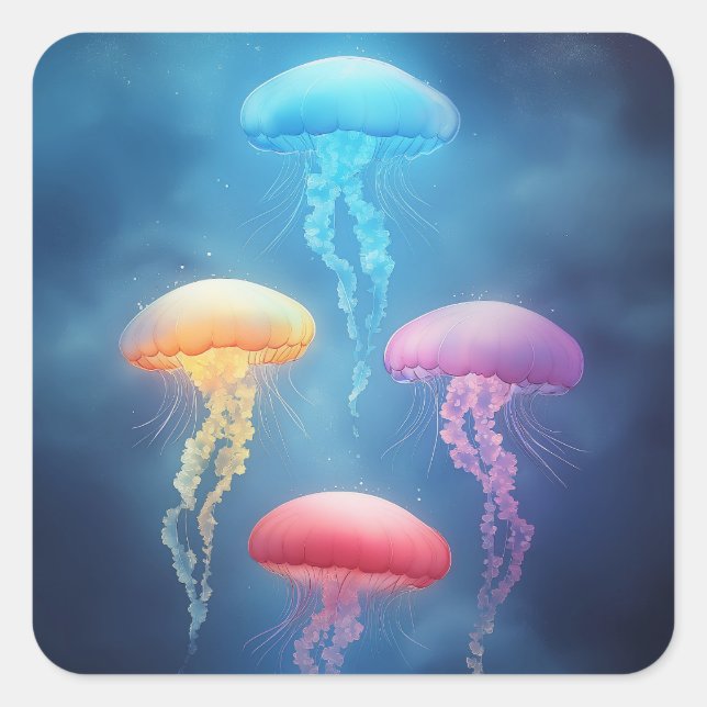 Colourful Dancing Jellyfishes Square Sticker (Front)