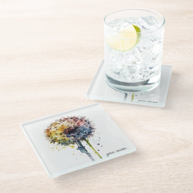 Colourful dandelion in rainbow colour watercolor glass coaster (Angled)