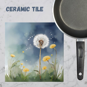 Colourful Dandelion Watercolor Art Ceramic Tile