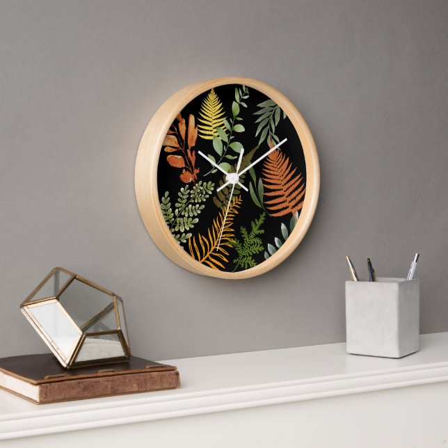 Colourful Dark Fern Botanical Foliage Floral  Clock (Office)
