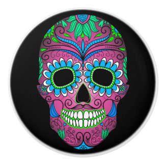 Colourful Day of the Dead Grunge Sugar Skull Ceramic Knob