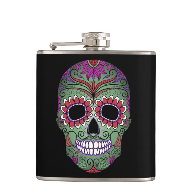 Colourful Day of the Dead Grunge Sugar Skull Hip Flask (Front)