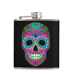 Colourful Day of the Dead Grunge Sugar Skull Hip Flask
