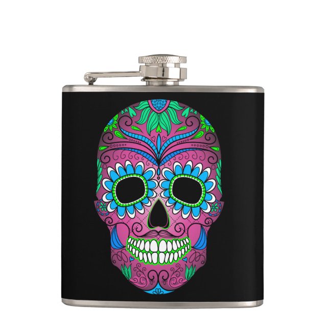 Colourful Day of the Dead Grunge Sugar Skull Hip Flask (Front)