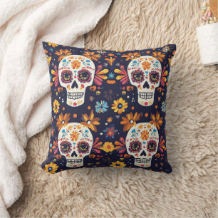 Colourful day of the dead sugar skull cushion