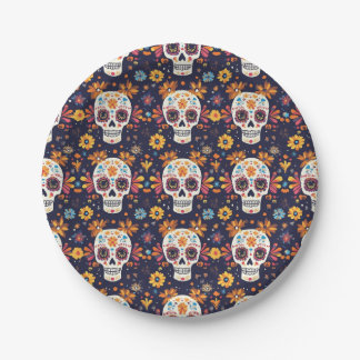 Colourful day of the dead sugar skull seamless pat paper plate