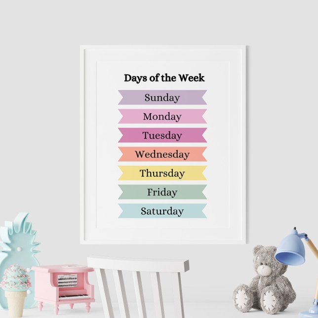 Colourful Days of the Week Educational Poster (Colorful Days of the Week Educational Poster on the wall in white frame.)