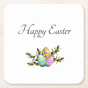 Colourful Decorative Easter Eggs Botanical Square Paper Coaster