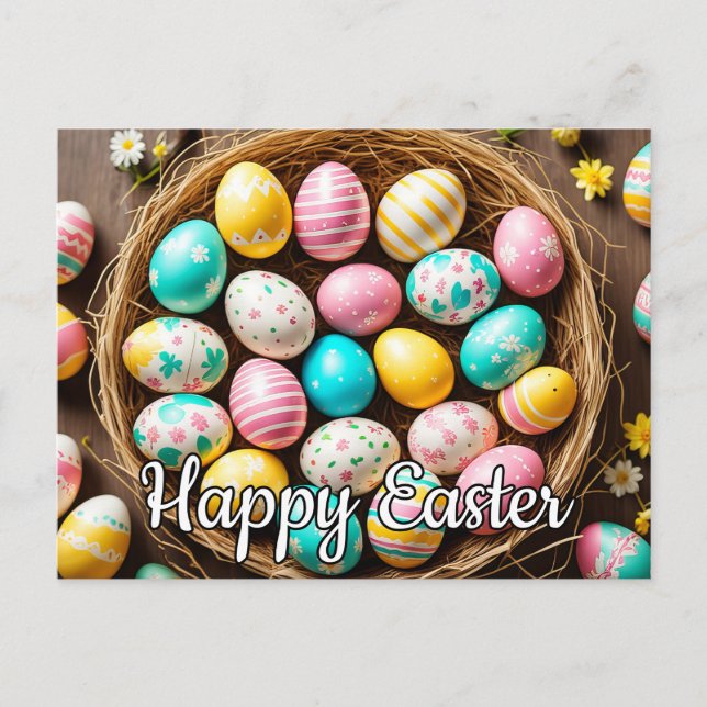 Colourful Decorative Easter Eggs In A Basket Postcard (Front)