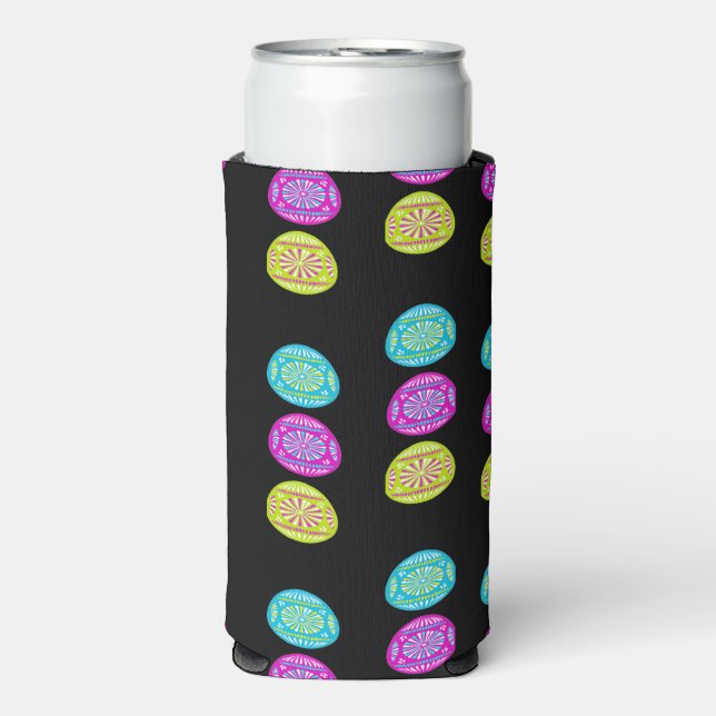 Colourful decorative easter eggs on black seltzer can cooler (Seltzer Front)