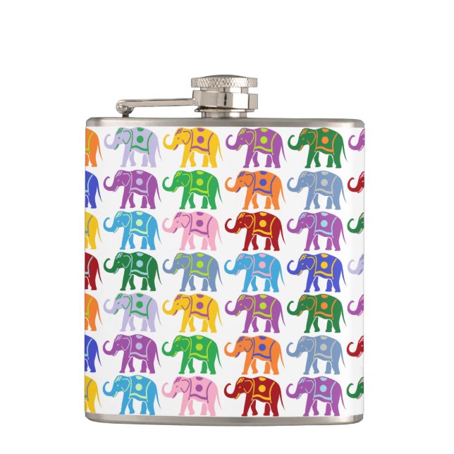 Colourful Decorative Elephants Pattern Hip Flask (Front)
