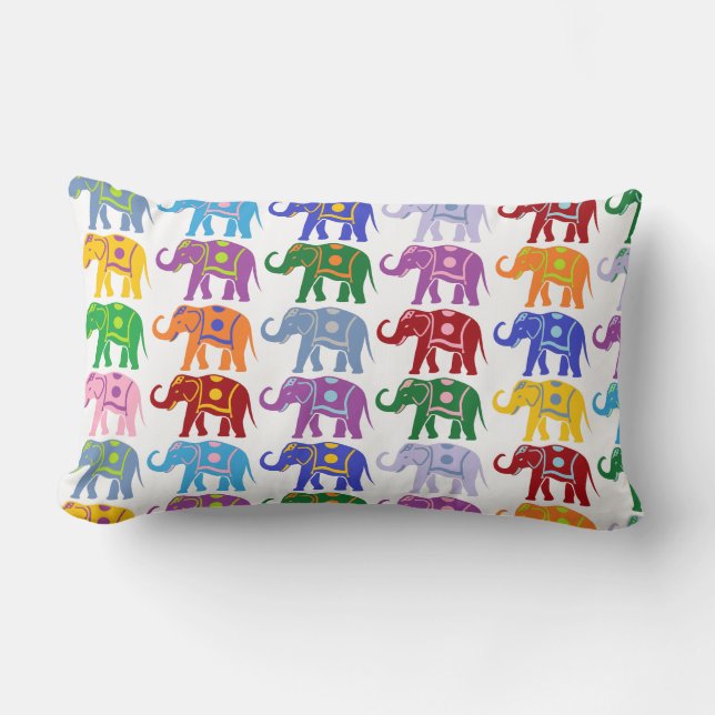 Colourful Decorative Elephants Pattern Lumbar Cushion (Front)