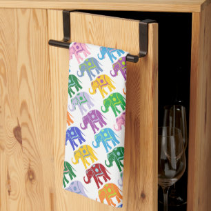 Colourful Decorative Elephants Pattern Tea Towel