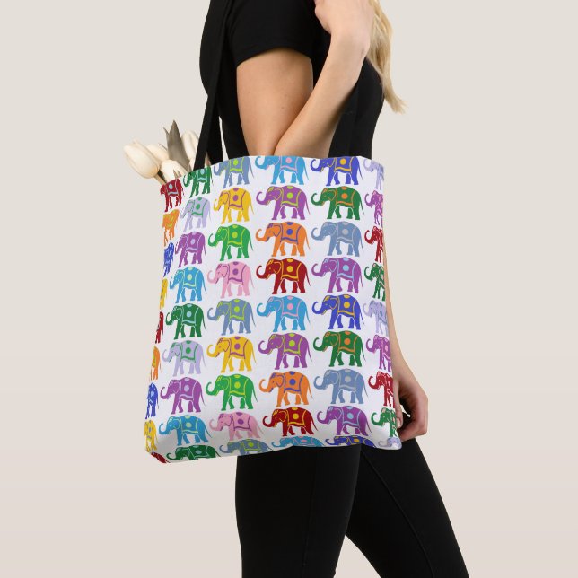 Colourful Decorative Elephants Pattern Tote Bag (Close Up)