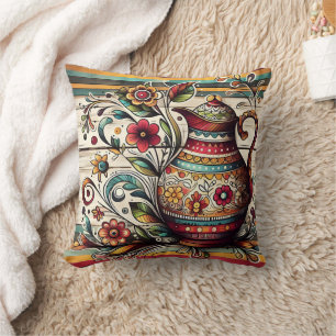 Colourful decorative jar with floral patterns cushion