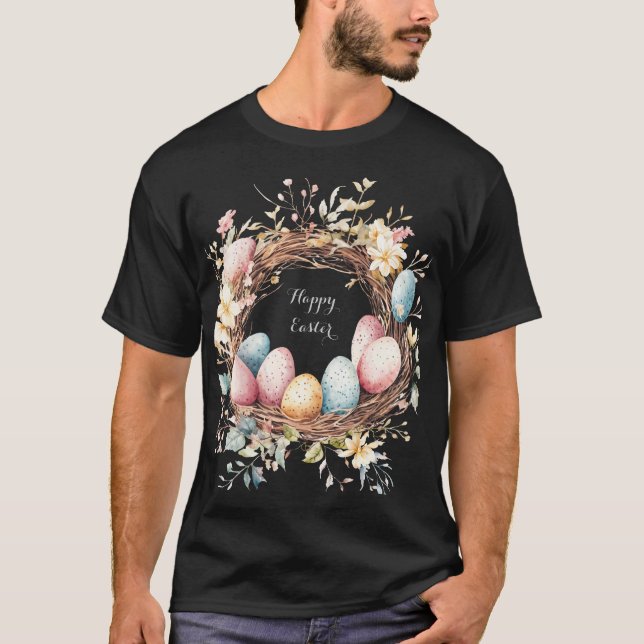 Colourful decorative wreath of Easter eggs with fl T-Shirt (Front)