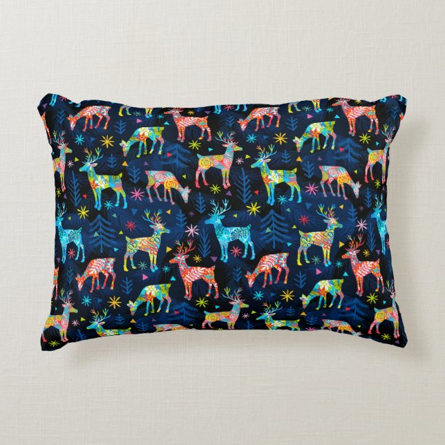 Colourful Deer Chrismas Tree Forest Star Snowflake Decorative Cushion (Front)