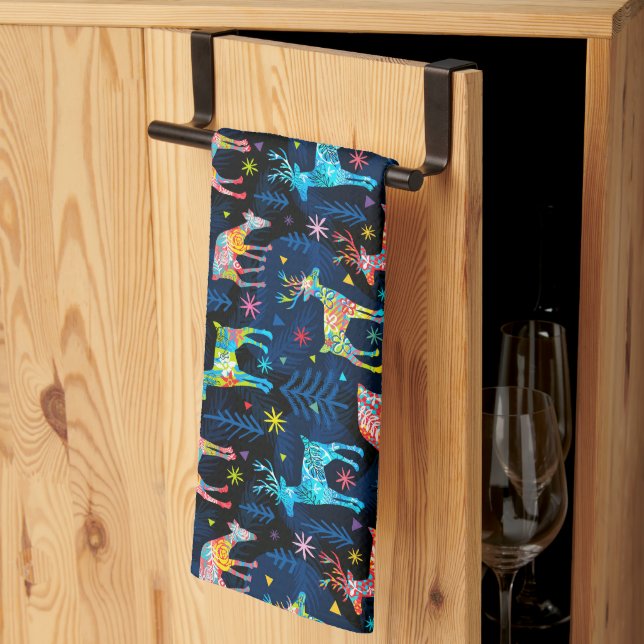 Colourful Deer Chrismas Tree Forest Star Snowflake Tea Towel (Thirds Fold)