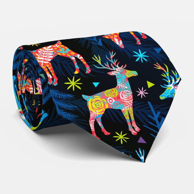 Colourful Deer Chrismas Tree Forest Star Snowflake Tie (Rolled)