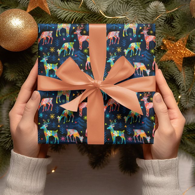 Colourful Deer Chrismas Tree Forest Star Snowflake Wrapping Paper (Creator Uploaded)