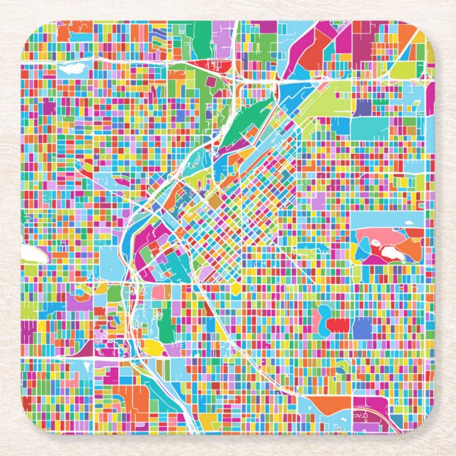 Colourful Denver Map Square Paper Coaster (Front)