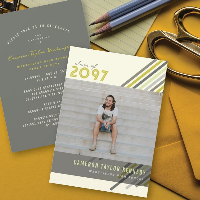 Colourful Diagonal Stripes Photo Graduation Party Invitation (Creator Uploaded)