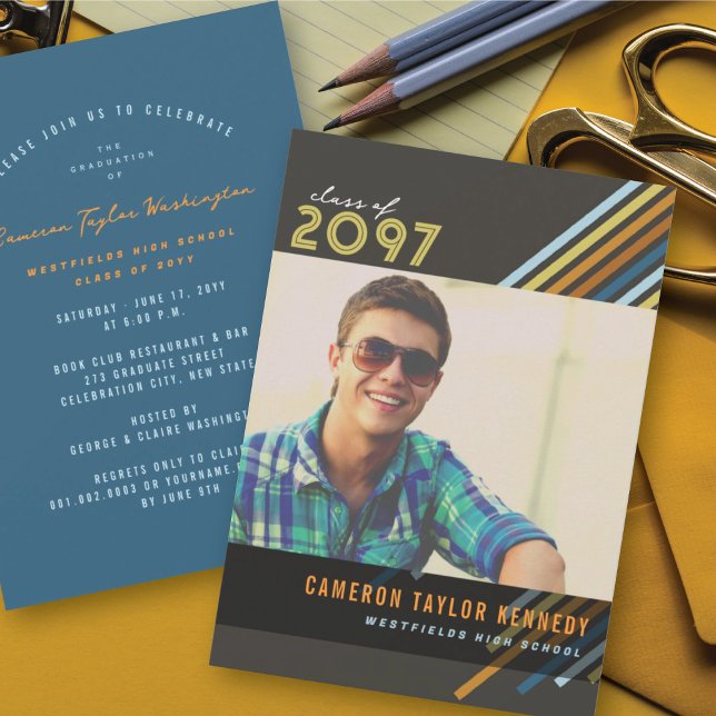 Colourful Diagonal Stripes Photo Graduation Party Invitation (Creator Uploaded)